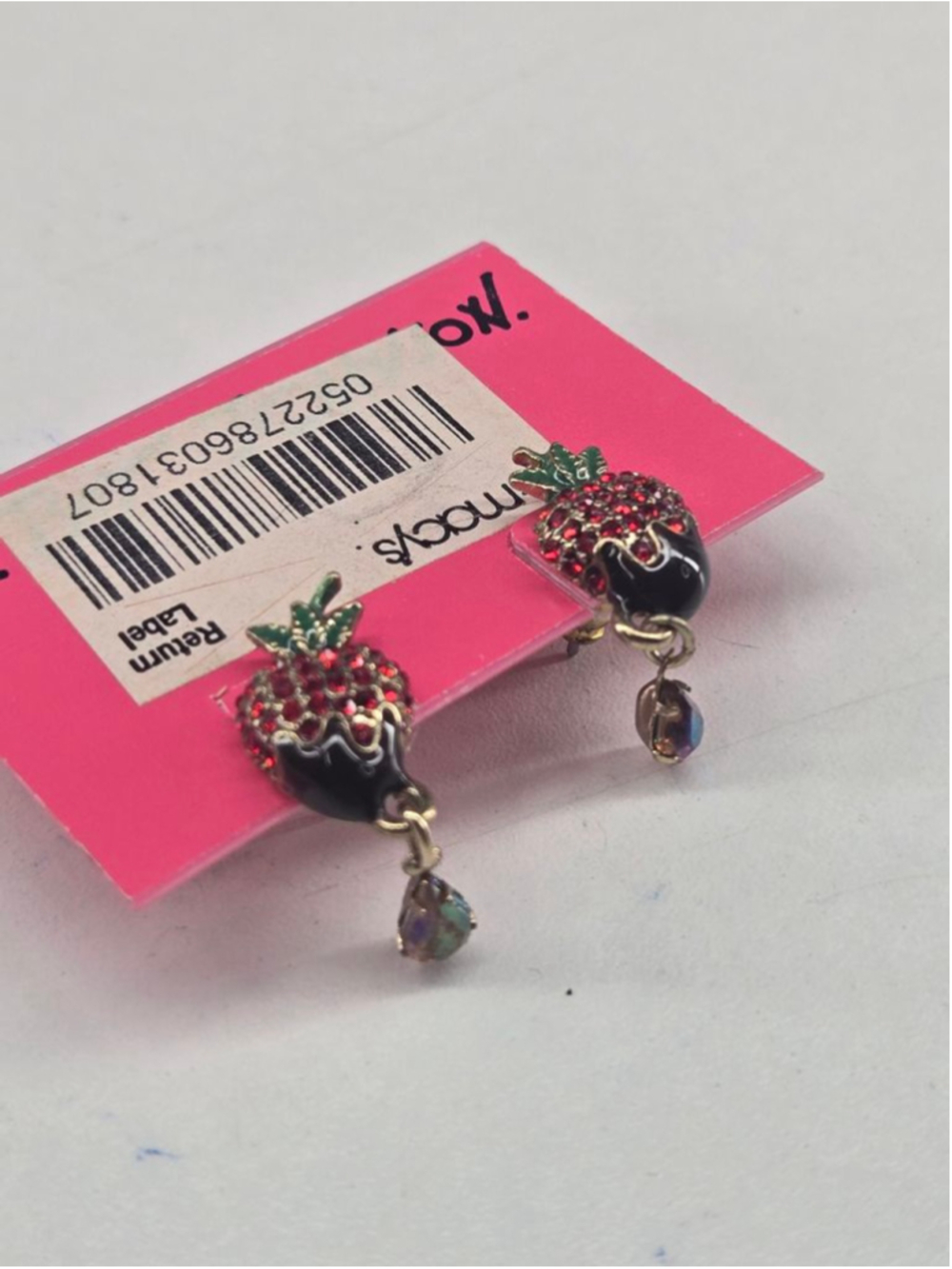 NWT Betsey Johnson Earrings Chocolate Dipped Strawberry Post Dangle Red Crystal - Picture 7 of 8